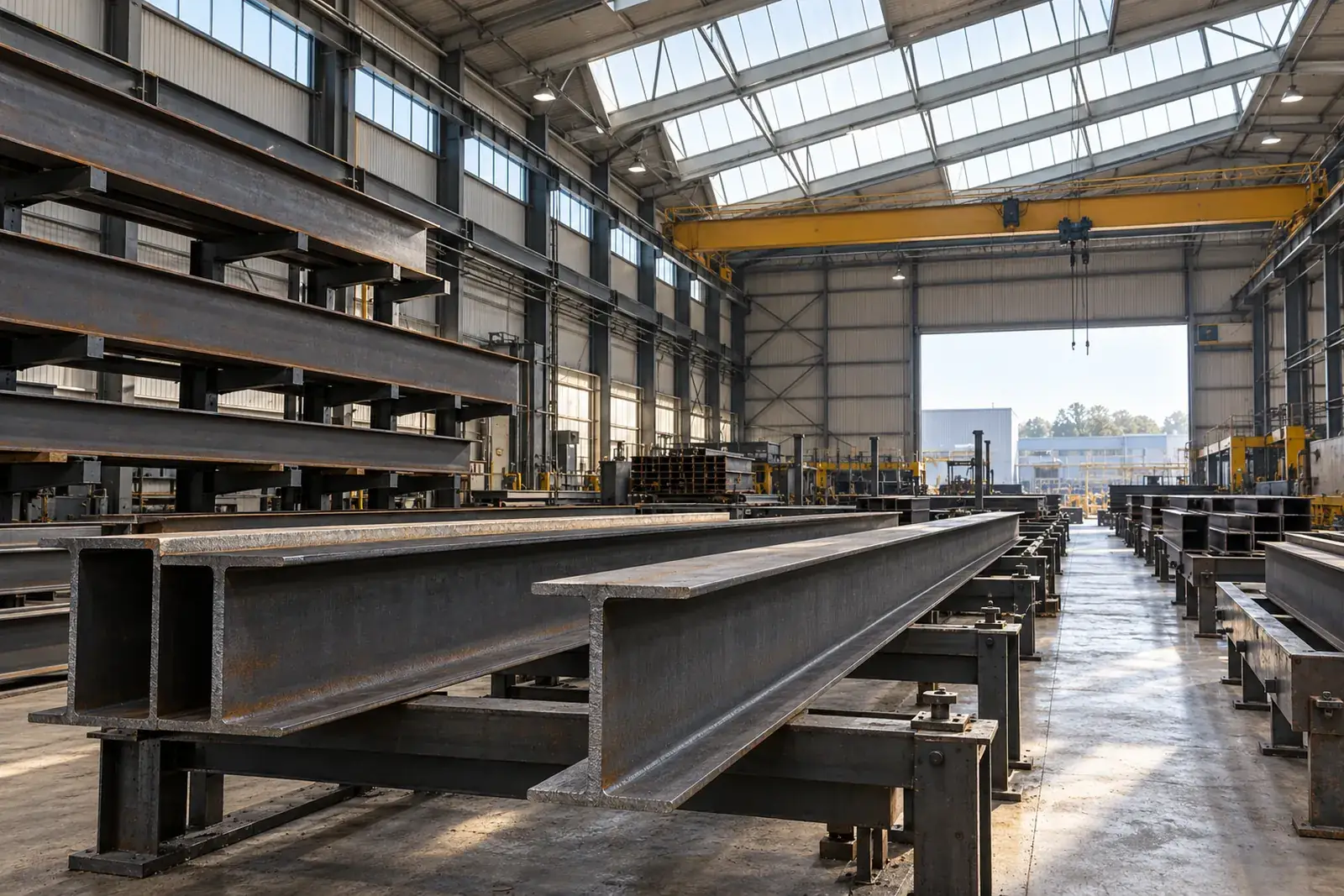 Rolled steel beams arranged inside a light-filled industrial fabrication workshop